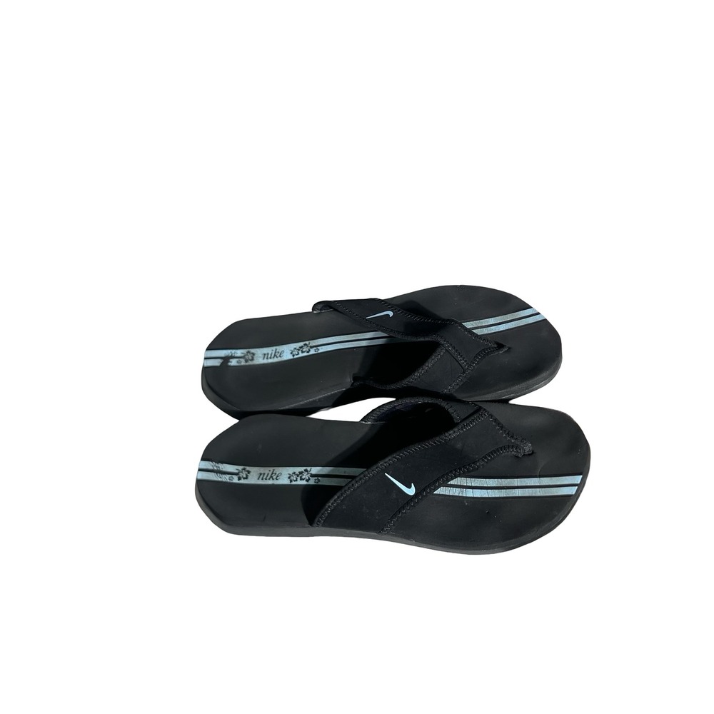Nike Womens Flip Flops Black Light Blue Floral Stripe Sandals 310896-041 Size 7 - Picture 3 of 12